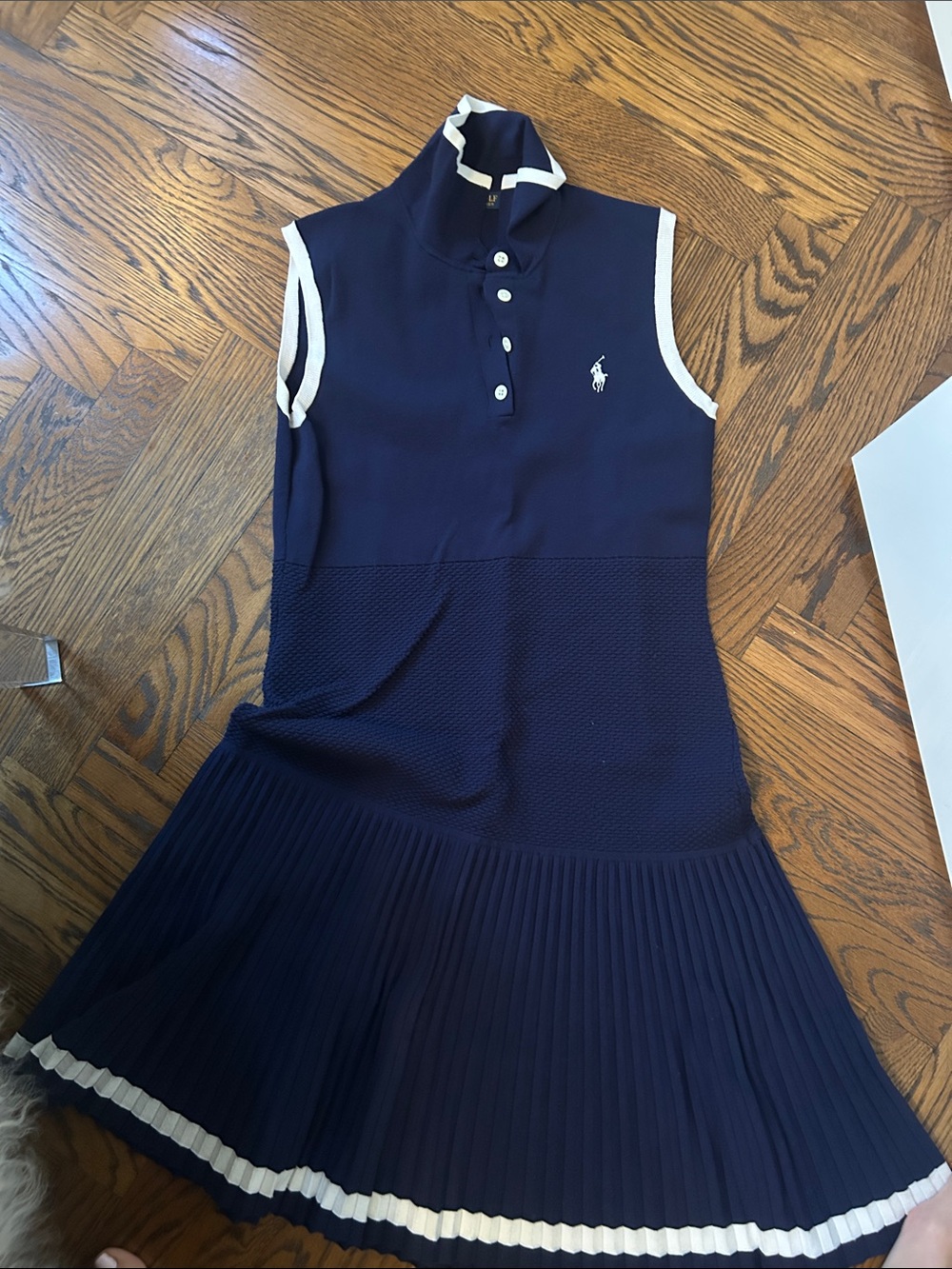 Ralph Lauren Navy and White Sleeveless Polo Pleated Dress